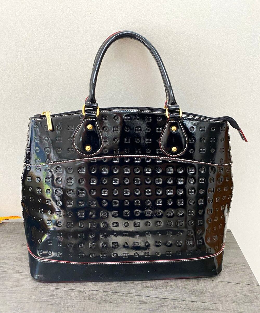 Arcadia Black Patent Leather Satchel Top Handle Zip Closure Gold Hardware
